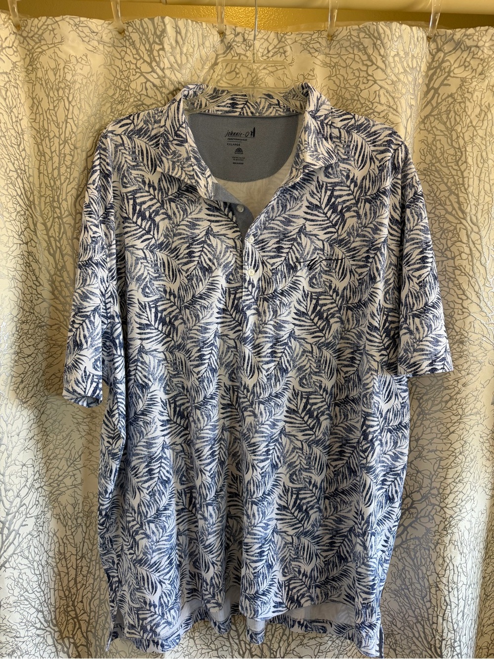 johnnie-O White Polo with Blue Leaf Print